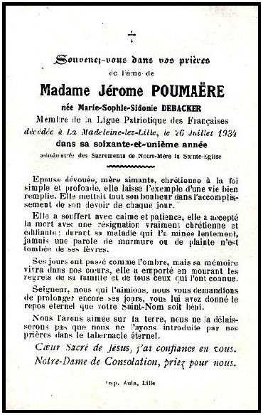DEBACKER Marie Sophie Sidonie dcde le 26.07.1934  La Madeleine, pouse de Julien Benjamin Jrme POUMARE.