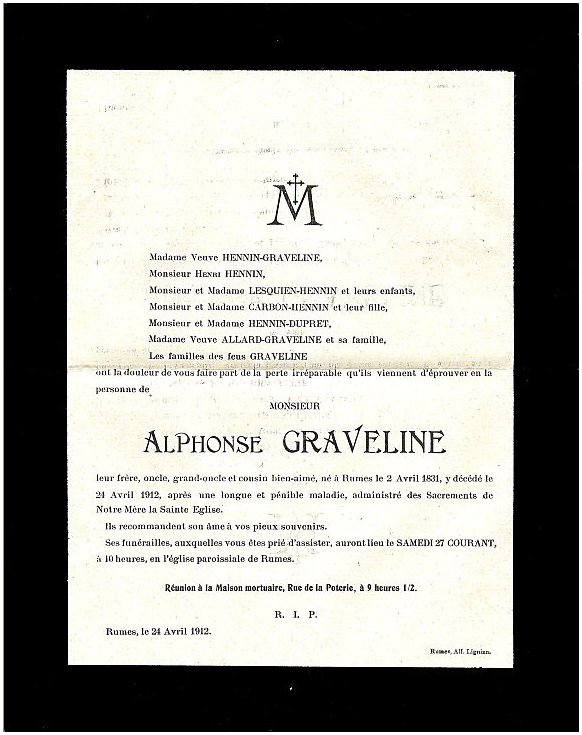 GRAVELINE Alphonse dcd le 24.04.1912  Rumes.