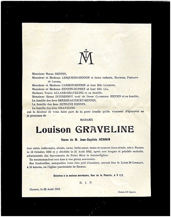 GRAVELINE Louison dcde le 21.08.1912  Rumes, veuve de Jean-Baptiste HENNIN.