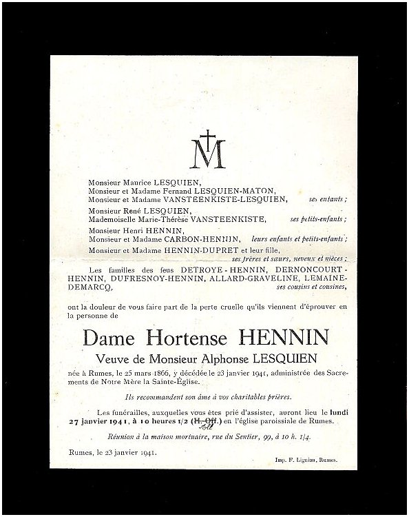 HENNIN Alodie hortense dcde le 23.01.1941  Rumes, veuve de Alphonse LESQUIEN.