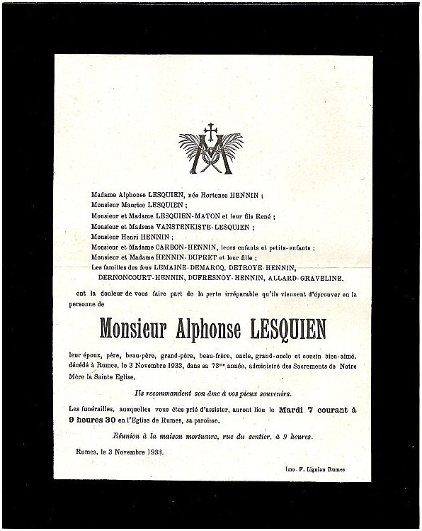 LESQUIEN Alphonse Franois dcd le 03.11.1933  Rumes, poux de Hortense HENNIN.