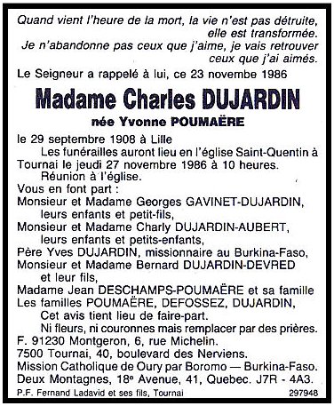 POUMAËRE Yvonne décédée le 23.11.1986 à Tournai, épouse de Charles DUJARDIN.