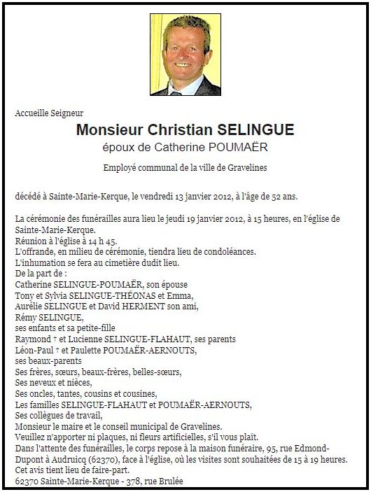 SELINGUE Christian dcd le 13.01.2011  Sainte-Marie-Kerque, poux de Catherine POUMAR.