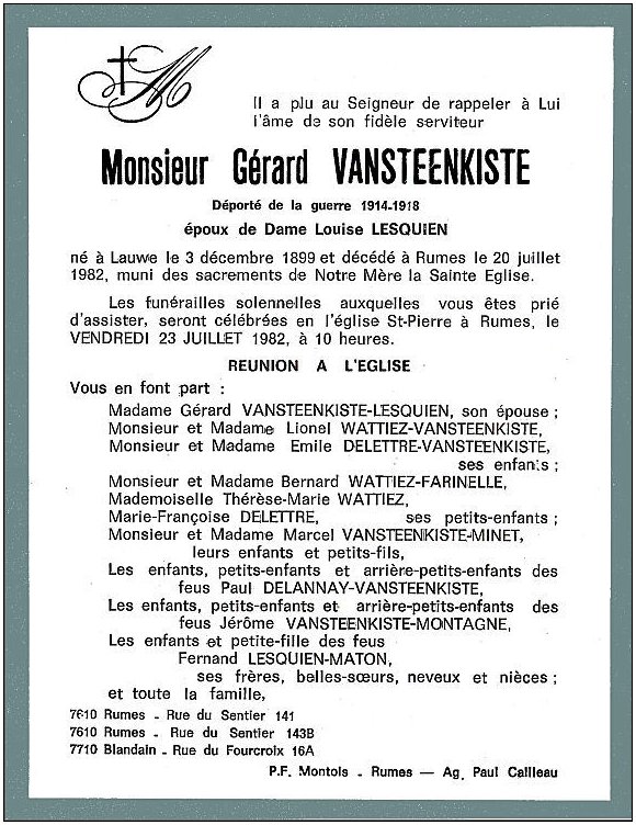 VANSTEENKISTE Grard dcd le 20.07.1982  Rumes, poux de Louise LESQUIEN.