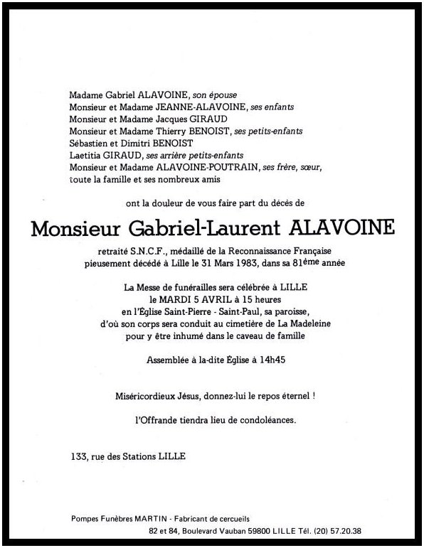 ALAVOINE Gabriel Laurent dcd le 31.03.1983  Lille, poux de Marguerite DEMEERSSEMAN.