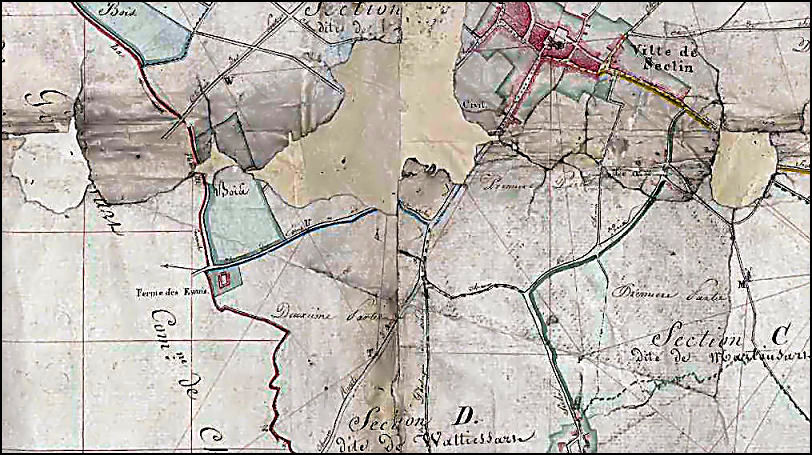 Plan de Seclin en 1812 : Le Burgault, Le Riez, Les Euwis, Martinsart, Wattiessart.